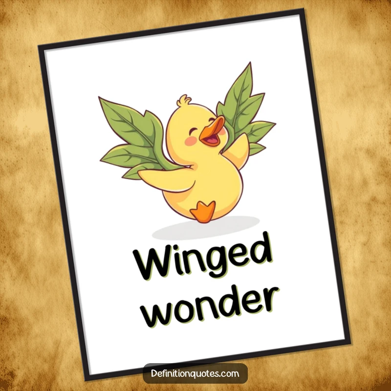 Funny rubber duck with large, mismatched leaf wings, gleefully trying to fly, as a digital art print.