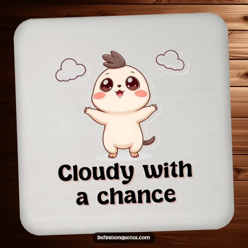 Funny Coaster: A tiny creature with googly eyes happily juggling three small clouds, a whimsical table protector.