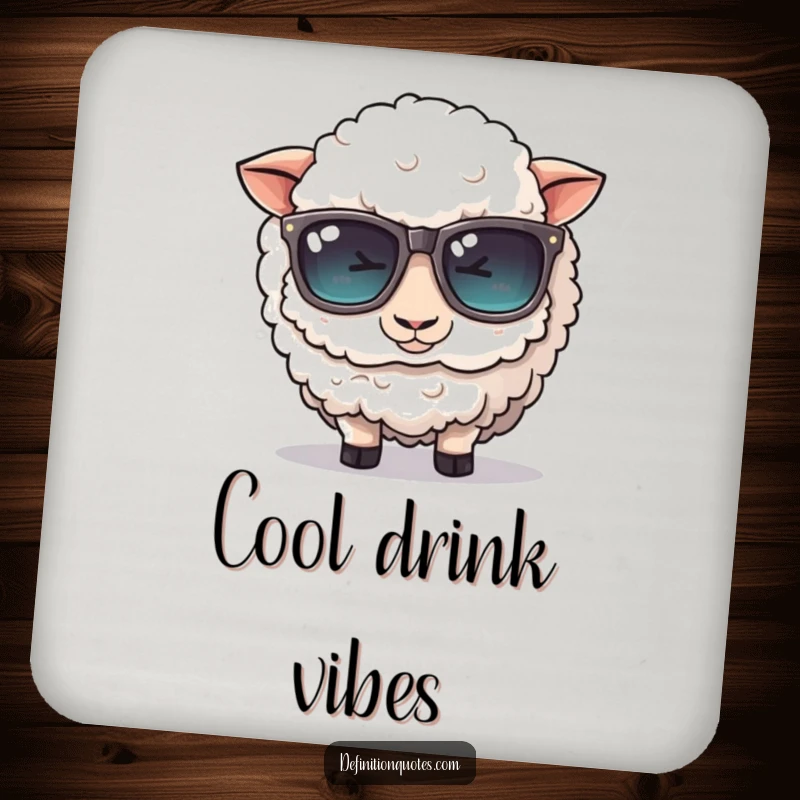 Funny drink coaster: A cute, fluffy sheep character comically tries to wear oversized sunglasses, protecting surfaces.