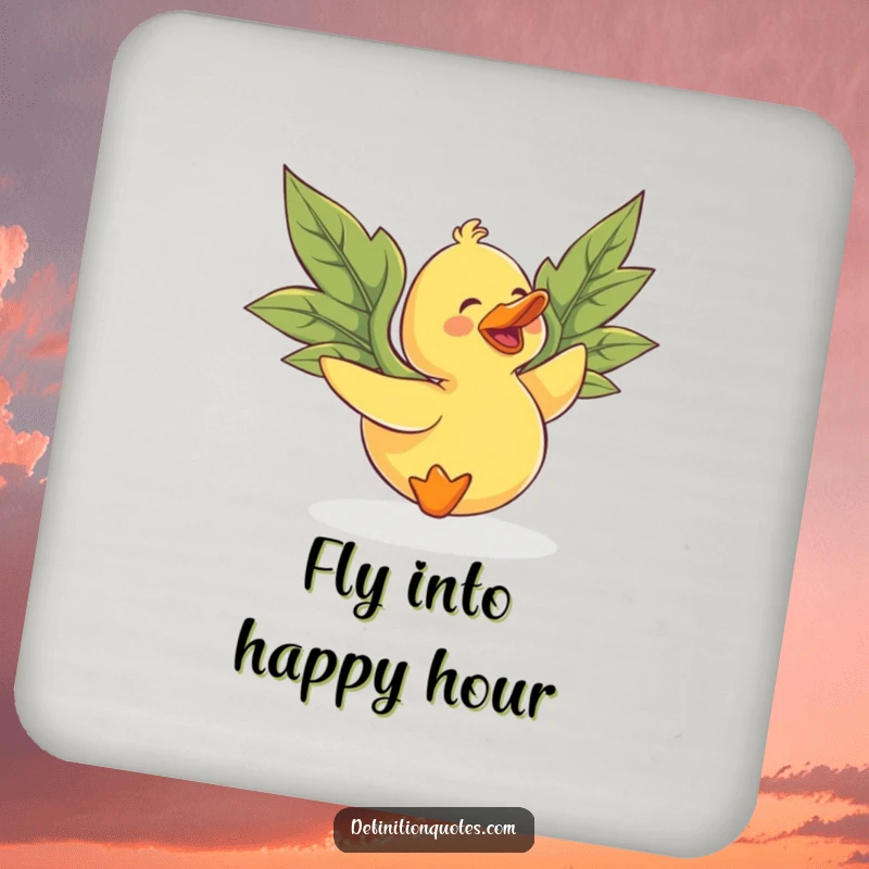 Funny rubber duck with mismatched leaf wings, attempting to fly, as a humorous drink coaster.