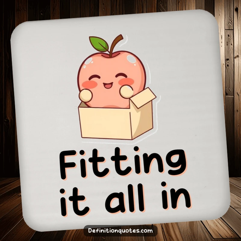 Funny, blushing apple character trying to fit in a tiny box, on a protective drink coaster, a cute funny gift.