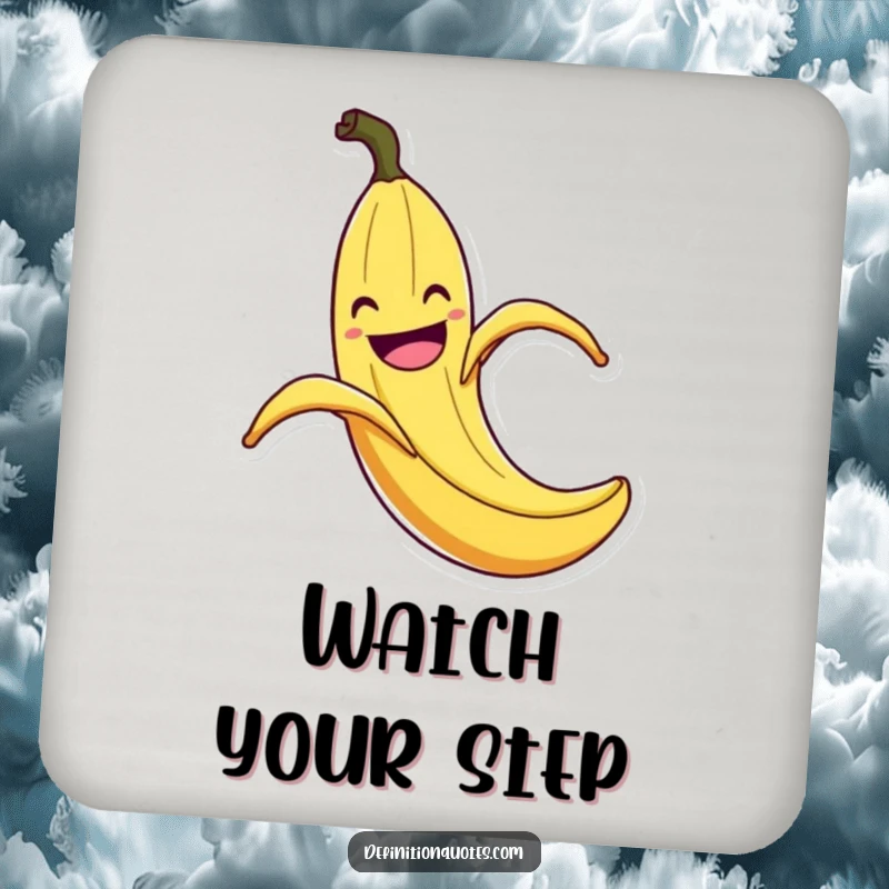 Funny Banana Peel Slip Coaster: Decorative coaster with a grinning banana peel comically slipping with exaggerated flair, a funny touch for any surface.