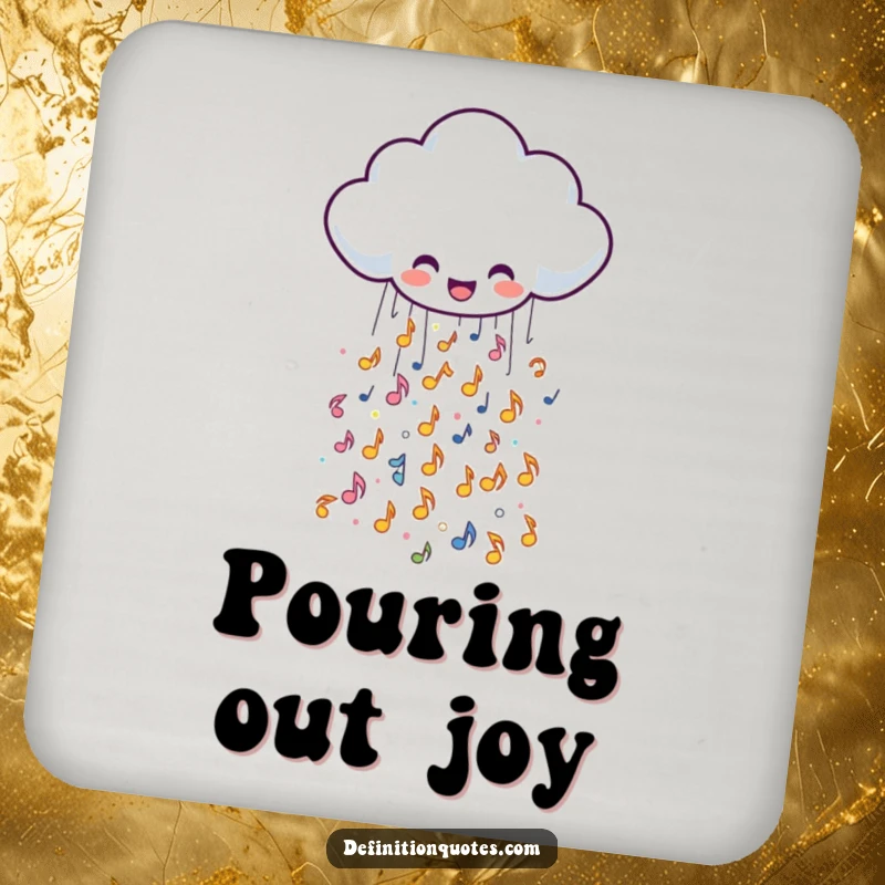 Funny drink coaster depicting a cheerful rain cloud spilling musical notes, a humorous and musical addition to any table.