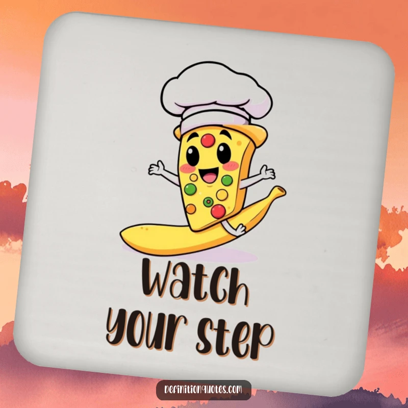 Funny drink coaster showing a pizza slice chef slipping on a banana peel, functional and humorous.