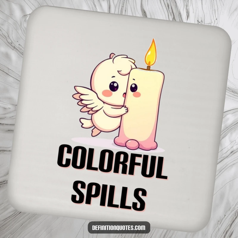 Funny drink coaster with a playful winged character gently bumping into a rainbow, protecting surfaces with magical humor.