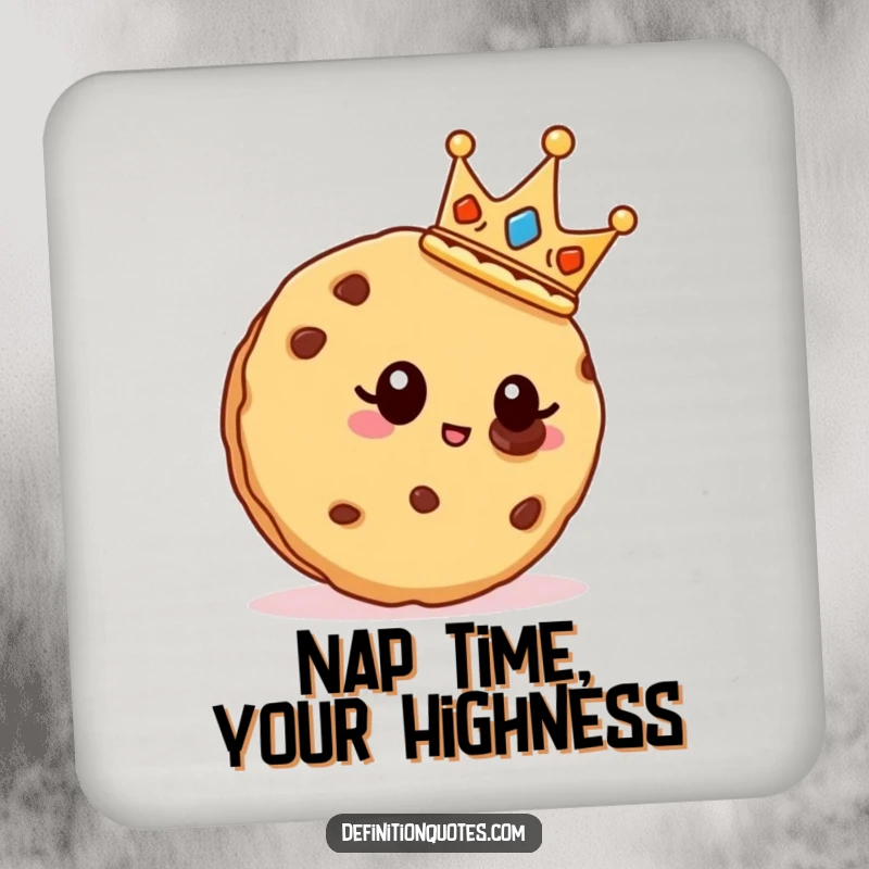 Funny cookie wearing a crown, protecting a drink on a coaster.