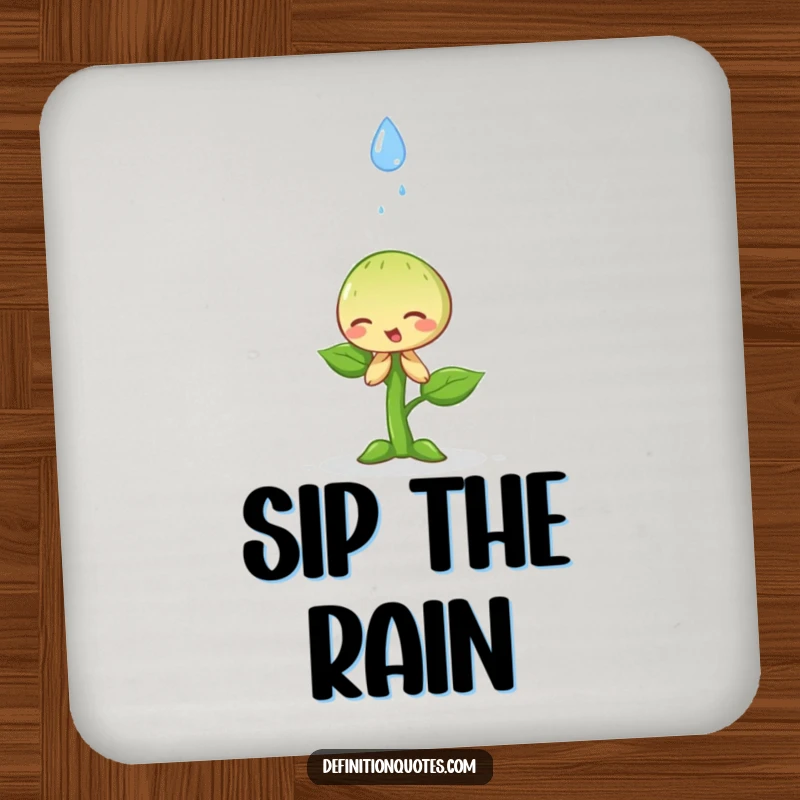 Funny happy little sprout dramatically bowing to a falling raindrop on a drink coaster, adding humble charm to beverages.