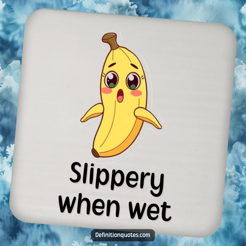 Funny drink coaster featuring a shocked banana character staring at its own sliding peel.