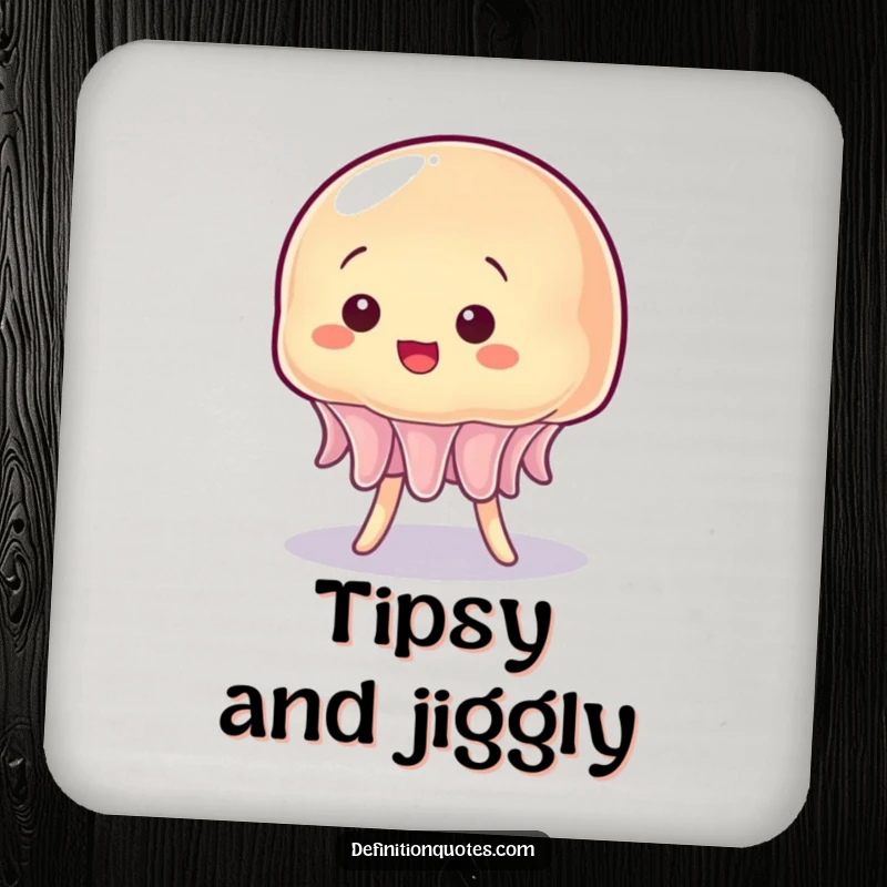 Funny coaster featuring a wobbly jelly character comically attempting to balance itself.