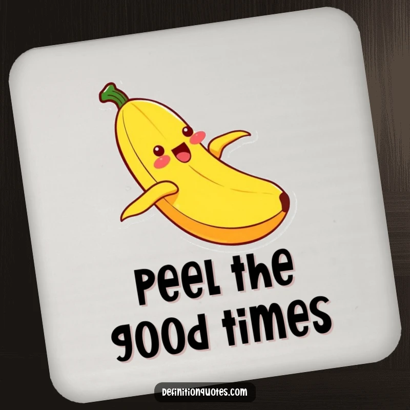 Funny Kawaii banana character with an ecstatic expression, sliding down its peel, a durable and humorous drink coaster.