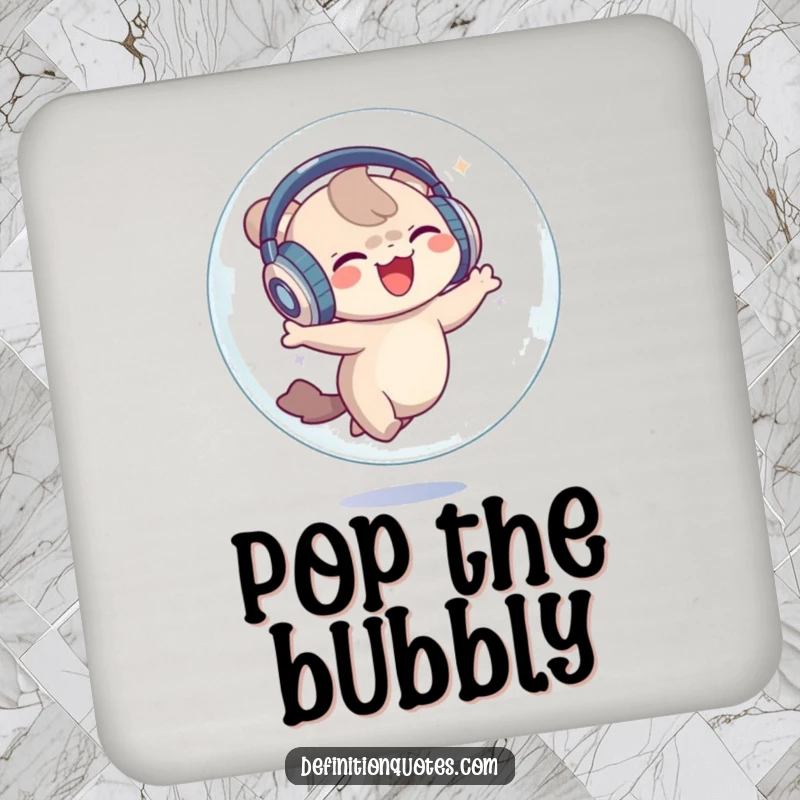 Funny Coaster: A small creature with oversized headphones joyfully dancing inside a bubble, a rhythmic and funny table protector.
