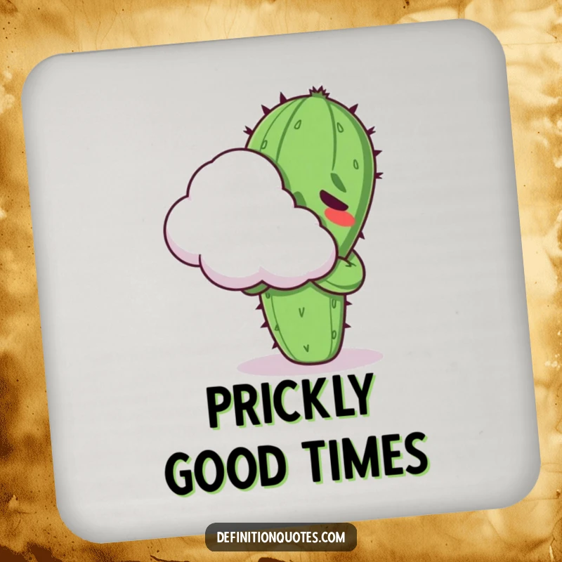 Funny Kawaii cactus character, looking uncomfortable while hugging a cloud, depicted on a drink coaster.