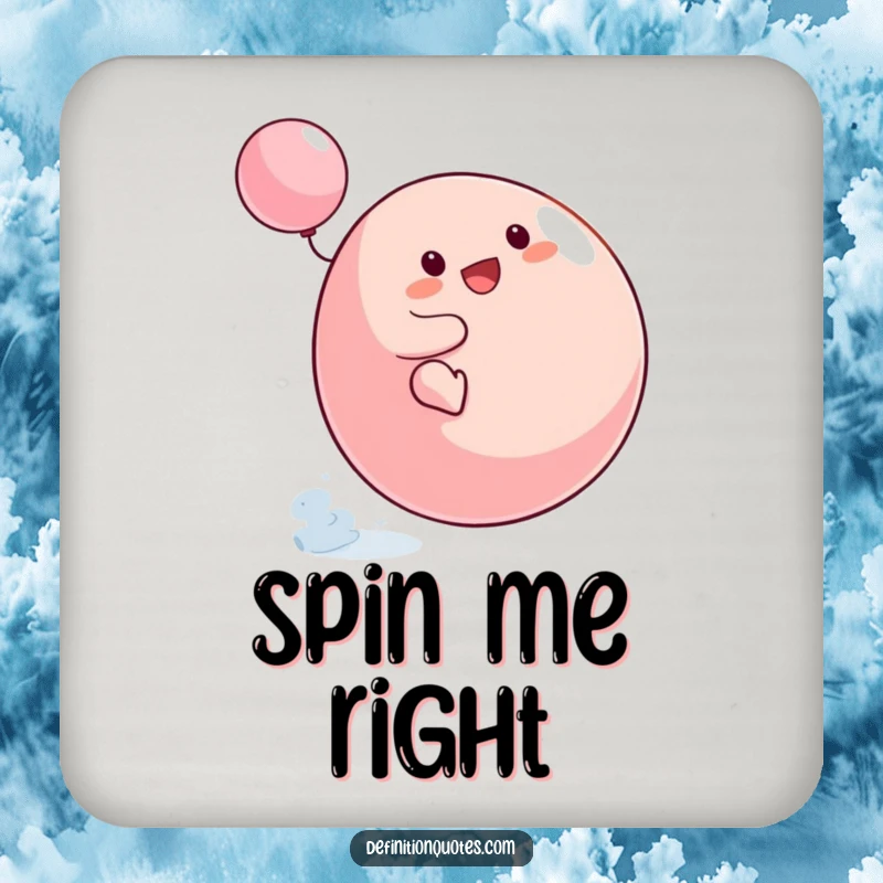 Funny Small Blob Drink Coasters set showing the character's funny attempt to ride a spinning top, protecting surfaces with humor.