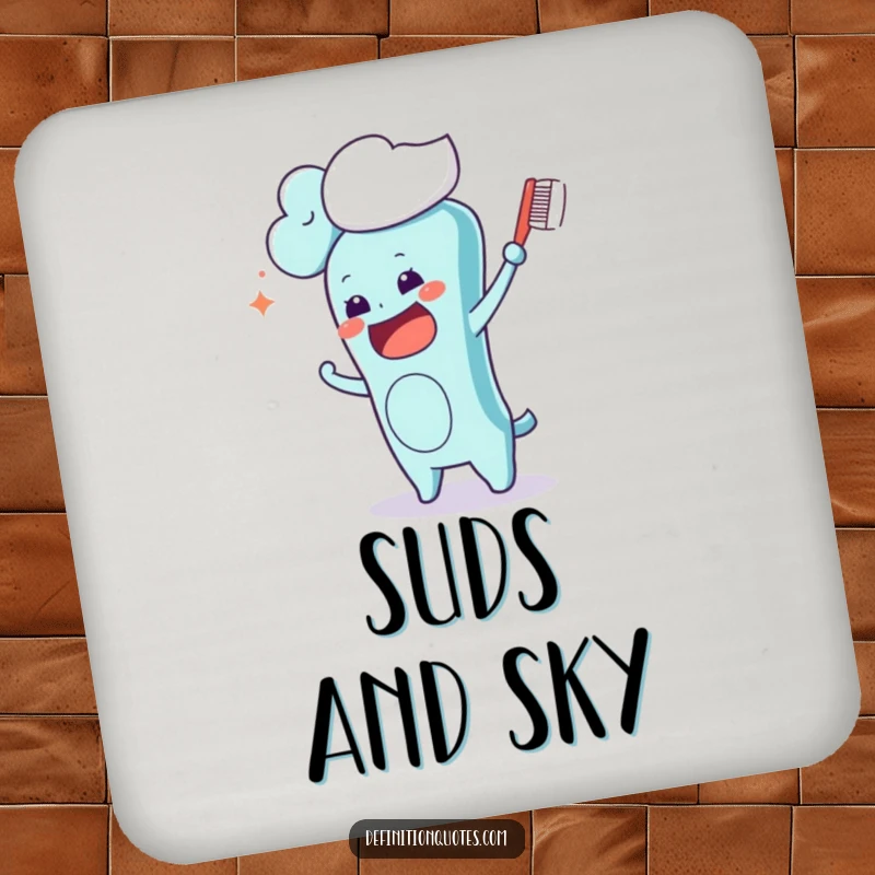 Funny Kawaii toothbrush character hilariously brushing a cloud, a durable and humorous drink coaster.