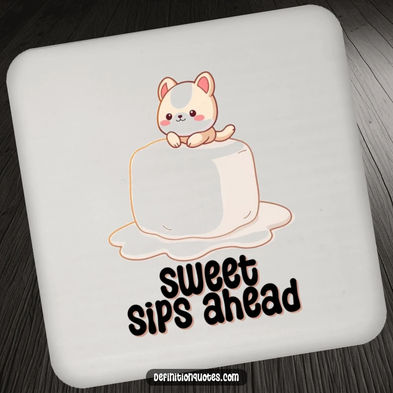 Funny Coaster: A cute animal character slipping on a giant, melting marshmallow, a sweet and funny table protector.