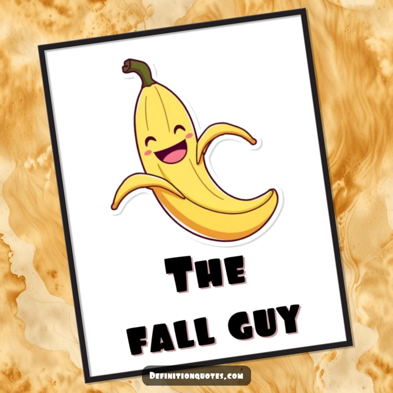 Funny Banana Peel Slip Poster: Wall art print of a grinning banana peel comically slipping with exaggerated flair, a funny and retro statement piece.