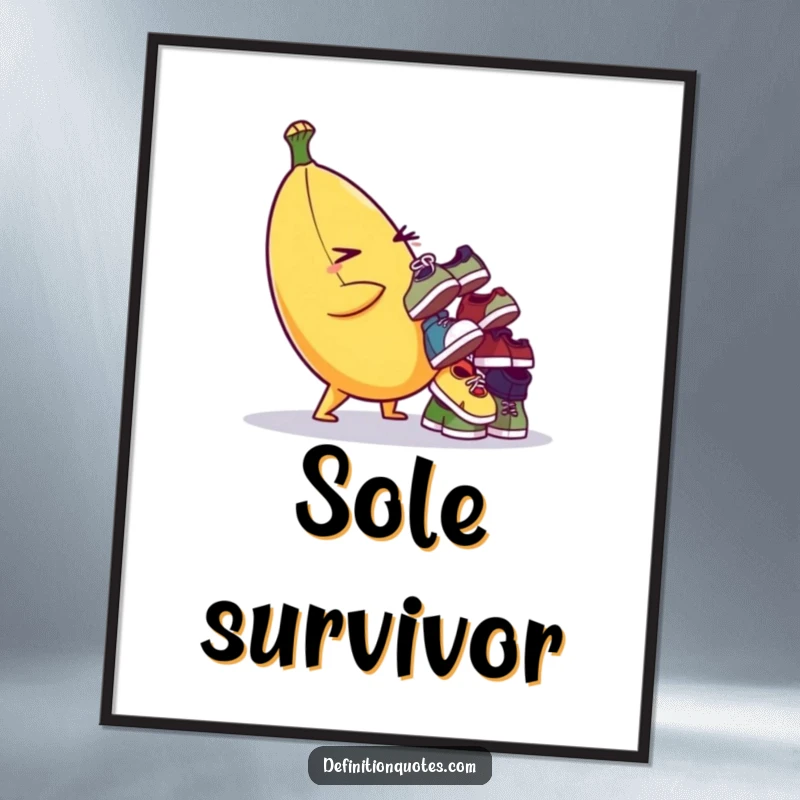 Funny poster print of a plump banana winking while balancing a precarious pile of small, assorted shoes. Whimsical art.