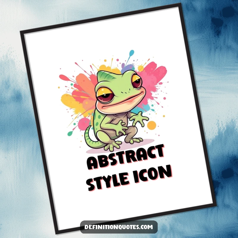 Funny poster showing a sly chameleon character hilariously trying to blend into a vibrant abstract paint splatter, a humorous art piece.