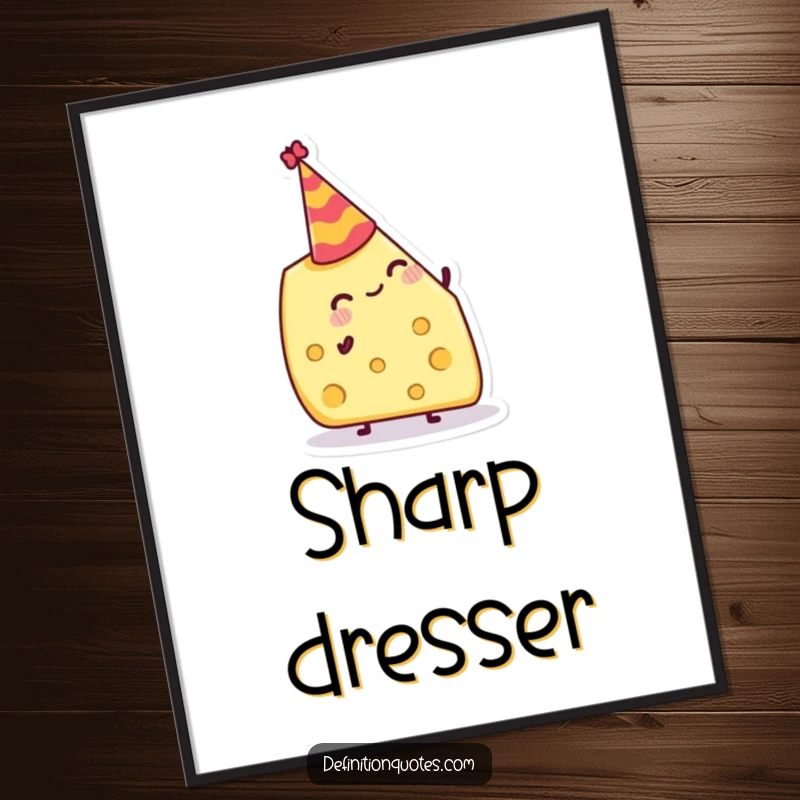 Funny Poster: Jolly cheese wedge attempting to balance a tiny party hat, perfect for food-themed humorous decor.