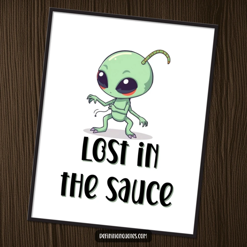 Funny clumsy alien tripping over its long bendy antennae, captured in a vibrant poster print, showcasing a moment of hilarious extraterrestrial awkwardness.