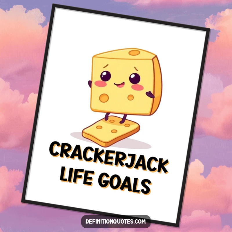 Funny poster depicting a giggling cheese wedge trying to balance on a single, unsteady cracker, a whimsical and humorous food illustration.