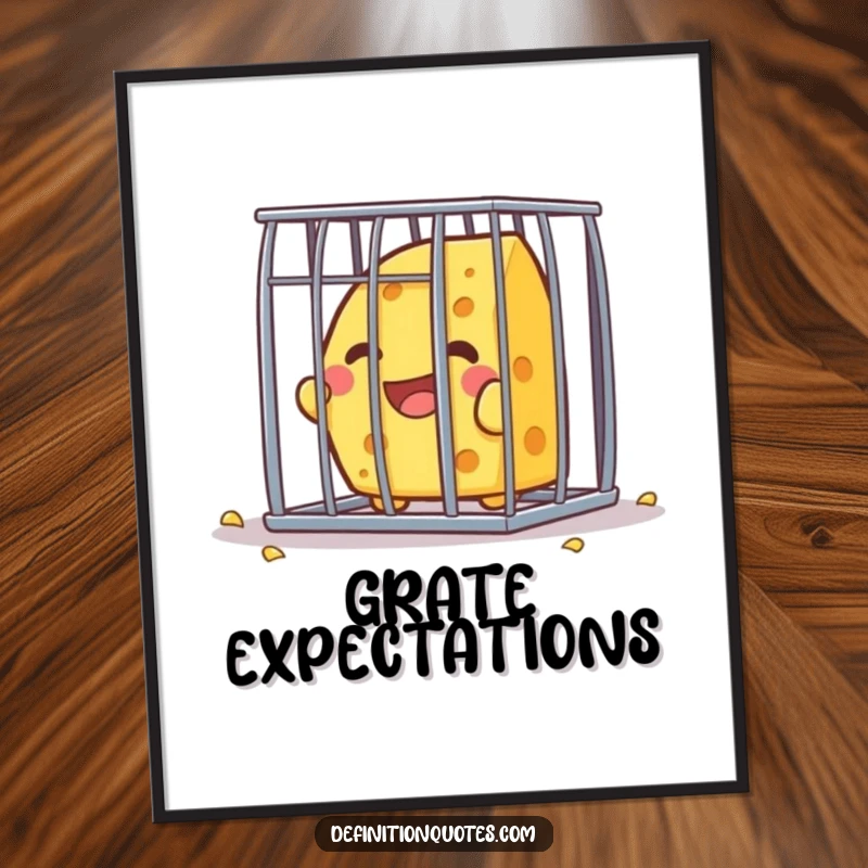 Funny Kawaii cheese character, full of glee, attempting to break out of a tiny cage, presented as vibrant wall art.