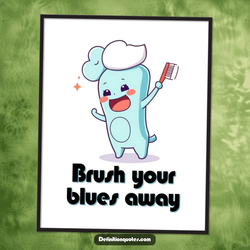 Funny Kawaii toothbrush character hilariously brushing a fluffy cloud, presented as vibrant and humorous wall art for any room.