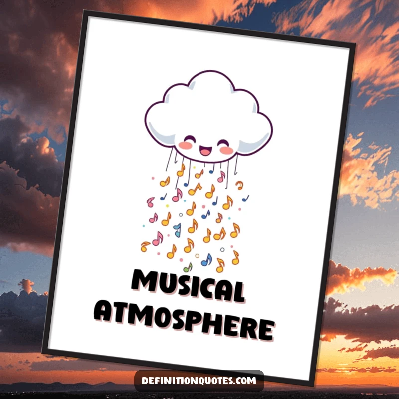 Funny poster showing a cheerful rain cloud character joyfully showering tiny, sparkly musical notes, a whimsical and musical art piece.