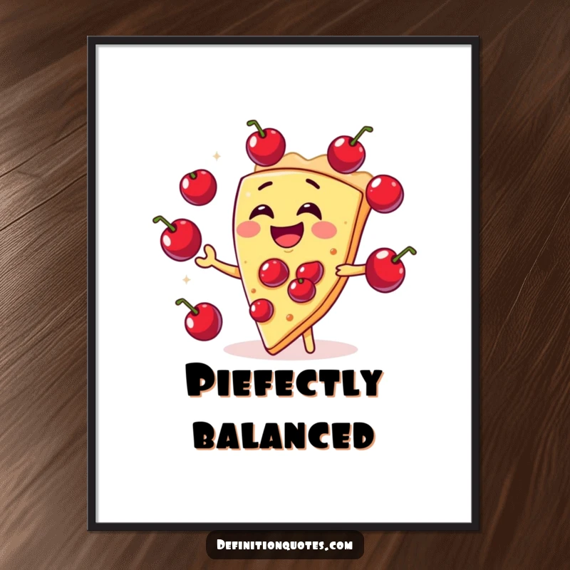 Funny slice of pie character laughing and juggling cherries like circus balls on a poster, creating a festive atmosphere.