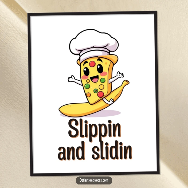 Funny poster print of a chef pizza slice character accidentally slipping on a banana peel, creating a humorous scene.