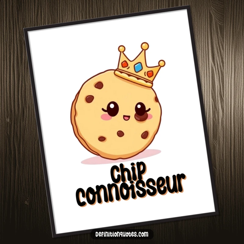 Funny cookie character wearing a crown, looking at a chocolate chip, displayed as art.