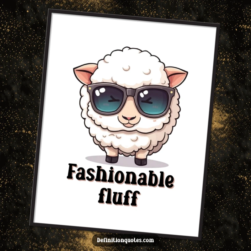 Funny poster: A cute, fluffy sheep character comically tries to wear oversized sunglasses, exuding farmyard fashion humor.