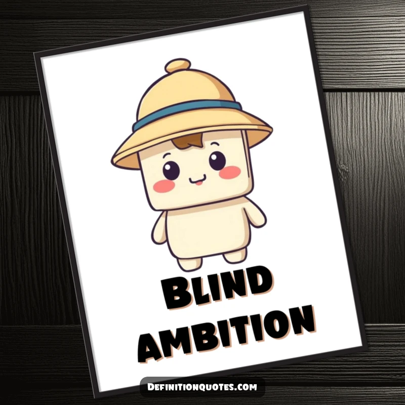 Funny poster print of a happy blocky character with a comically small hat falling over its eyes, a humorous fashion mishap.
