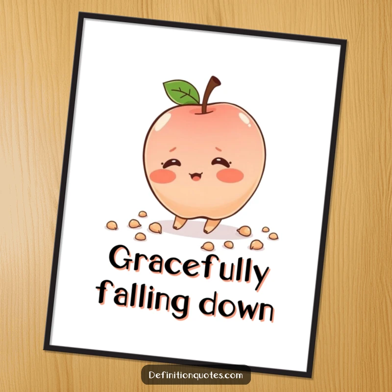 Funny shy apple character, blushing, tripping, scattering seeds, humorous wall art, cute and funny, perfect gift.
