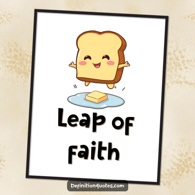 Funny poster art of a smiling toast character executing a jump over a tiny puddle of butter, celebrating breakfast ambition.