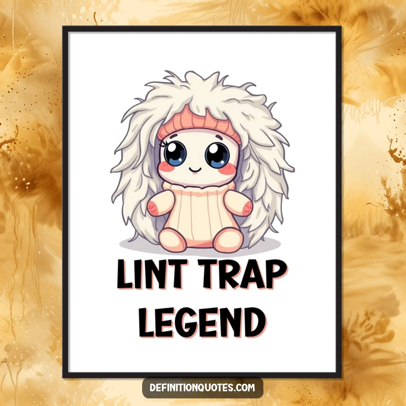 Funny Kawaii sock character with googly eyes, hilariously trapped within a monstrous dryer lint ball, presented as wall art.