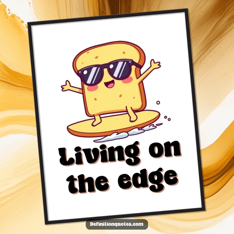 Funny Kawaii toast character in sunglasses surfing a giant crumb, presented as vibrant wall art, capturing pure comedic joy and surf vibes.