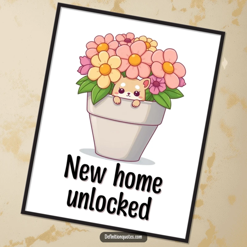 Funny poster print of a tiny, curious creature peeking out from an absurdly large flower pot, creating a comical scene.