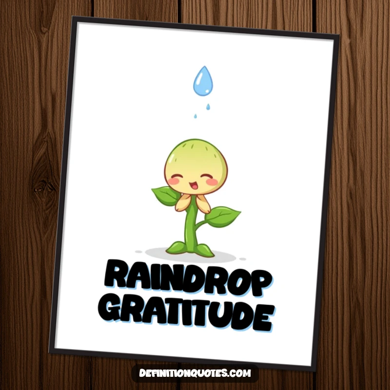 Funny happy little sprout dramatically bowing to a falling raindrop as a poster, conveying humility and natural beauty.