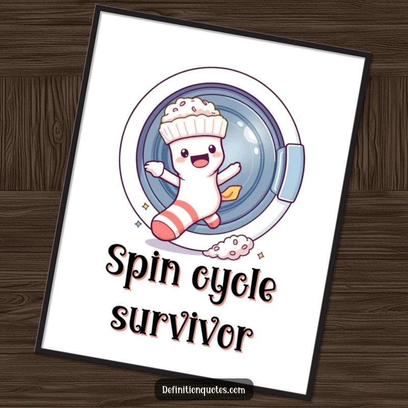 Funny sock character escaping a spinning washing machine, leaving colorful fluff, displayed as humorous wall art.