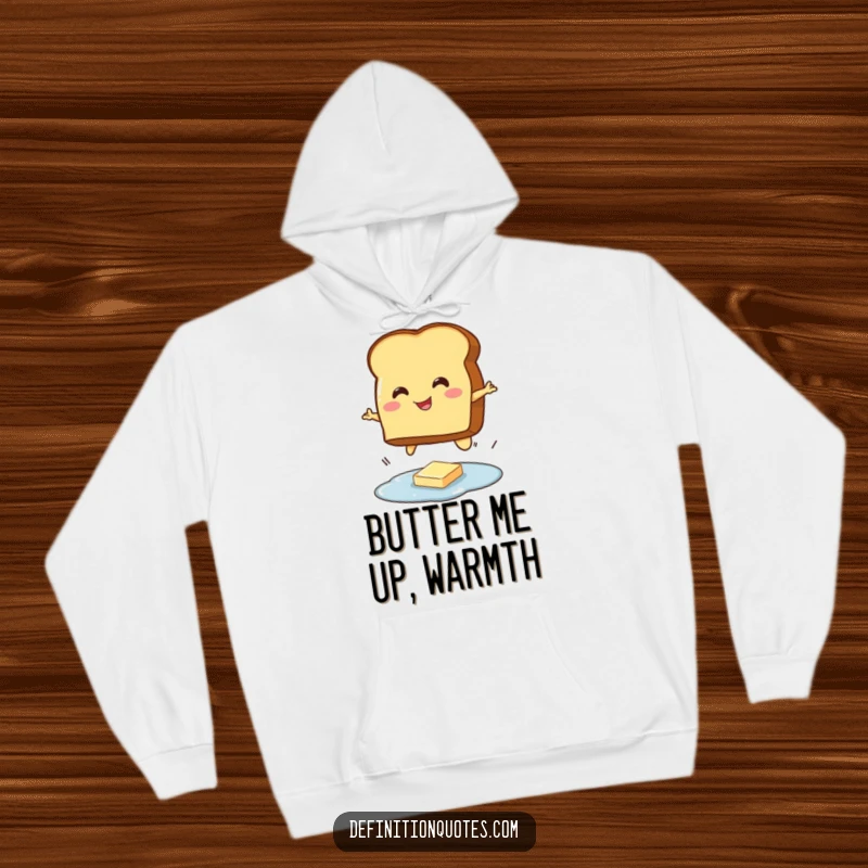 Funny hoodie illustration of a smiling toast character jumping over a small butter puddle, a humorous breakfast moment captured.