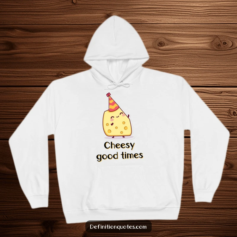 Funny Hoodie: Jolly cheese wedge attempting to balance a tiny party hat, cozy and festive apparel.
