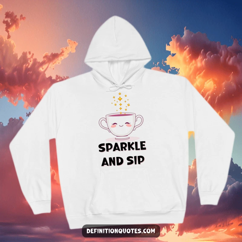 Funny hoodie showcasing a joyful teacup pouring a cascade of sparkling stars, perfect for magical comfort.
