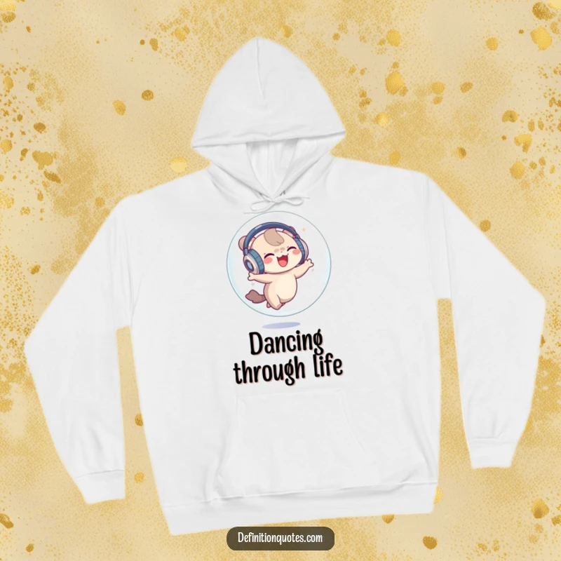 Funny Hoodie: A small creature with oversized headphones dancing happily inside a bubble, embodying pure joy.