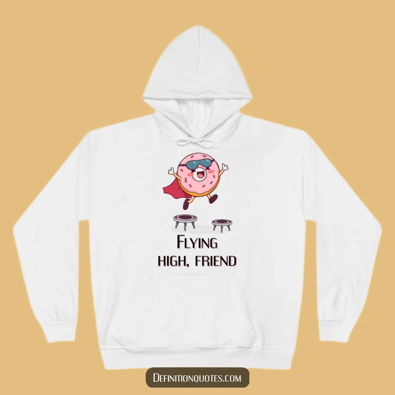Funny Superhero Donut Hoodie: Cozy Giggling Hero Leaping Over Trampolines Gift