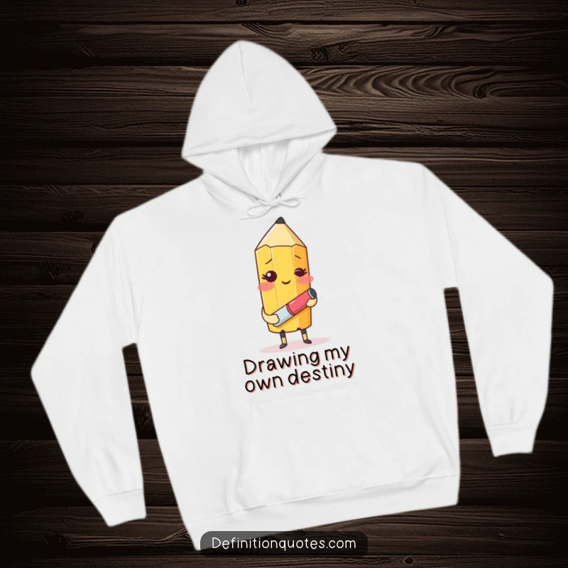 Funny hoodie featuring a blushing pencil and eraser character hilariously struggling to draw itself, perfect for cozy creative sessions.