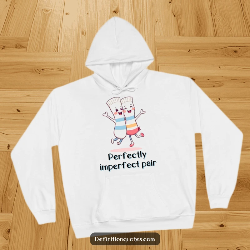 Funny hooded sweatshirt featuring two mismatched socks happily dancing together with infectious energy.
