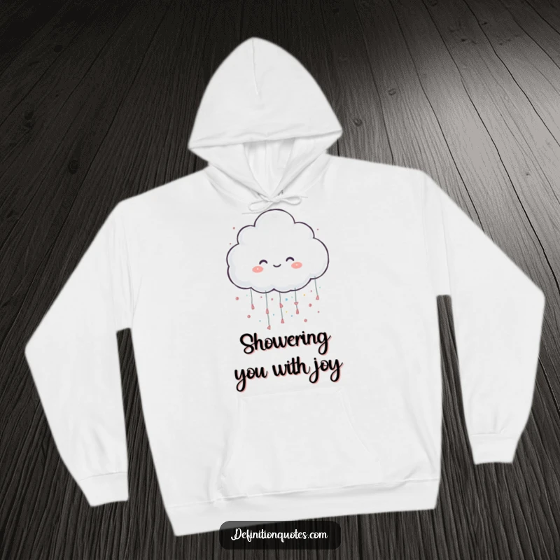 Funny hoodie with a cheerful cloud character playfully raining oversized glitter, perfect for cozy, magical vibes.