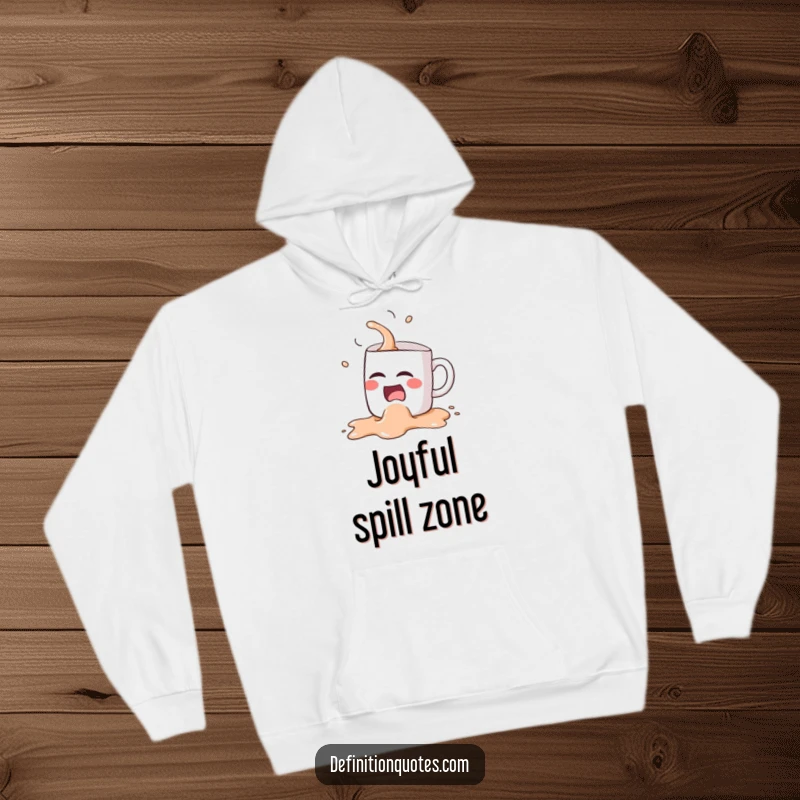 Funny Kawaii coffee mug character, spilling its brew while laughing hysterically, on a warm and humorous hoodie.