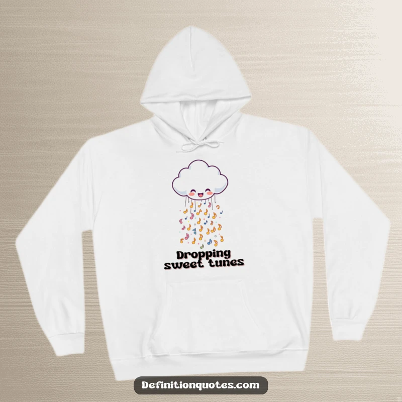 Funny, cozy hoodie featuring a cheerful rain cloud character showering tiny, sparkly musical notes, a delightful visual melody.